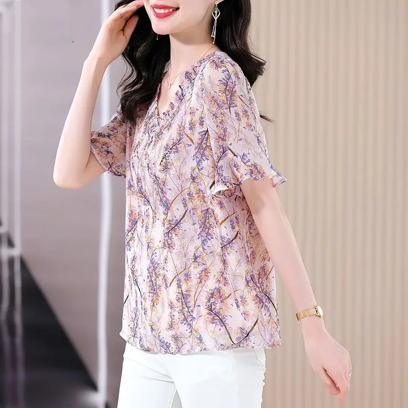 Simplicity office lady Summer Women's V-Neck Printing Pleated flounce Temperament fashion  Loose short Sleeve Chiffon shirt tops