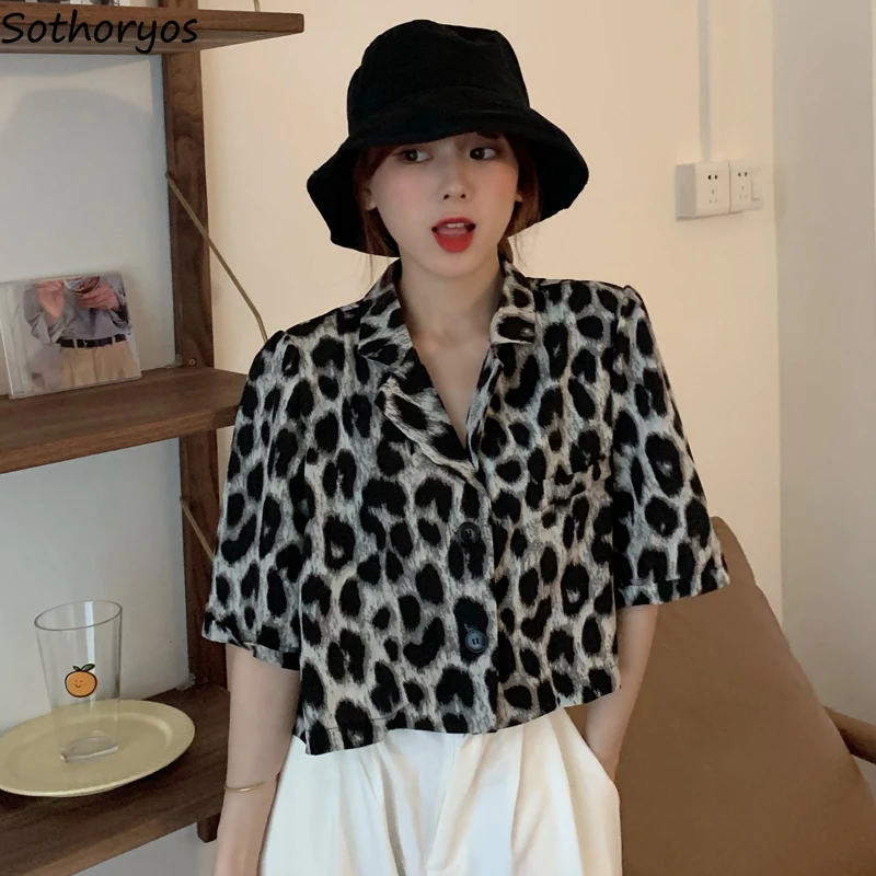 Summer Leopard Shirts Women Crop Tops Casual Office Lady Daily Vintage Streetwear Loose Chic Temperament Korean Fashion Mujer