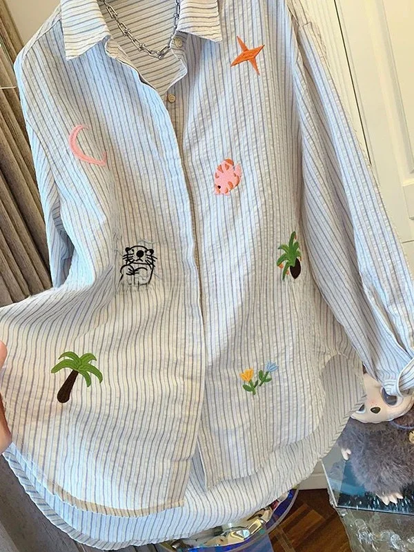 

plus Size Women's Long Sleeve Embroidered Striped Shirt Loose Fit Thin Spring Summer UV Protection Hong Kong Style Blouse