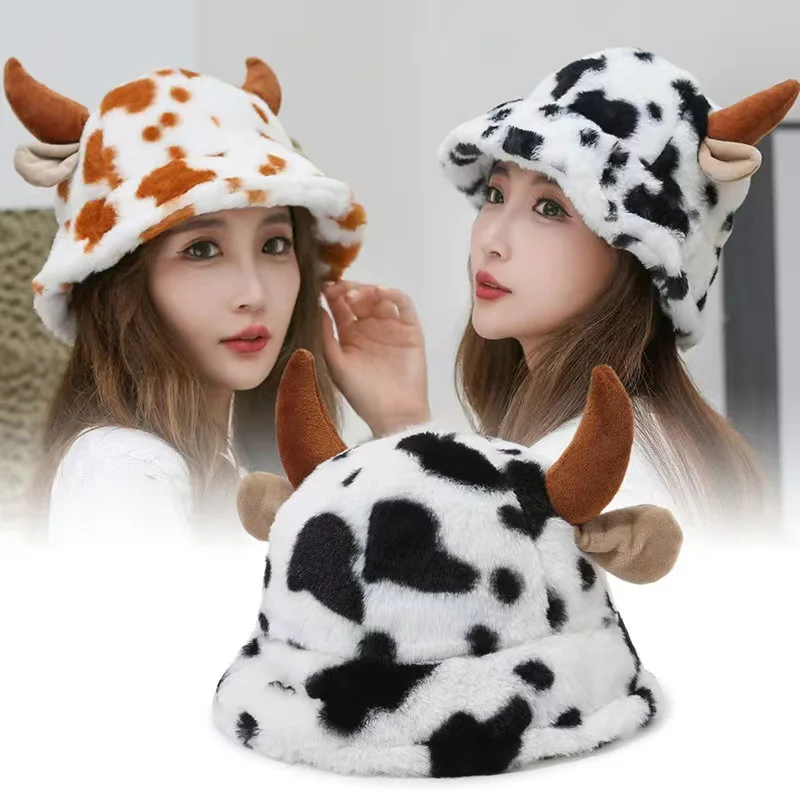 Cute Cow Horn Cow Pattern Bucket Hats Autumn Winter Plush Thickened Warm Pot Hat Outdoor Leisure Barrel Cap Panama Hat