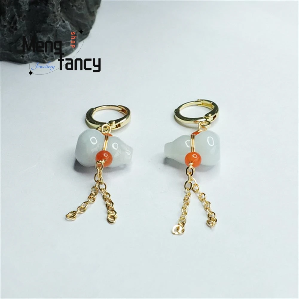 Natural Myanmar A-goods Jade Gourd Tassel Earrings Exquisite Elegant Simple High-grade Sexy Young Girls Luxury Quality Jewelry