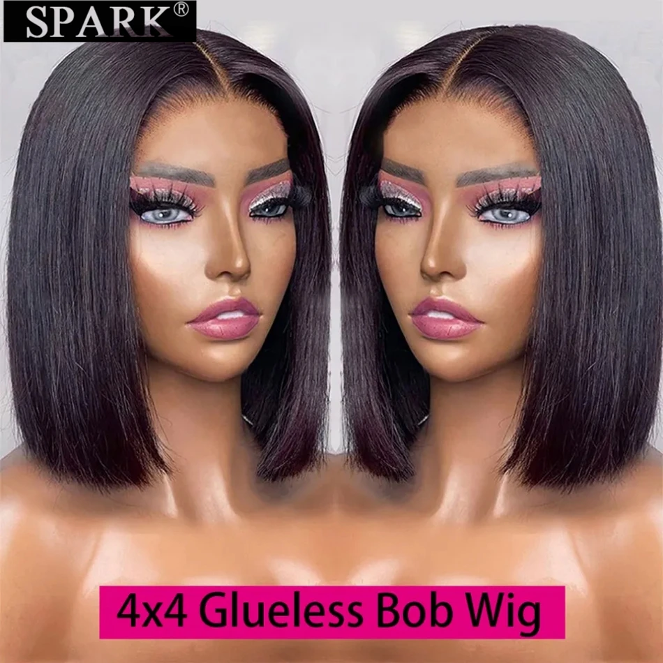 SPARK Wear And Go Glueless 4x4 Lace Closure Human Hair Wig Bob HD Lace Straight Short Bob Wig Pre Plucked Human Wigs Ready To Go