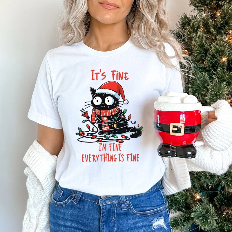 Mode Weihnachten Katze Lichter T-shirt Frauen It's Fine I'm Fine Everything Is Fine Print Tops Lustige Katze Weihnachten Party T-shirts