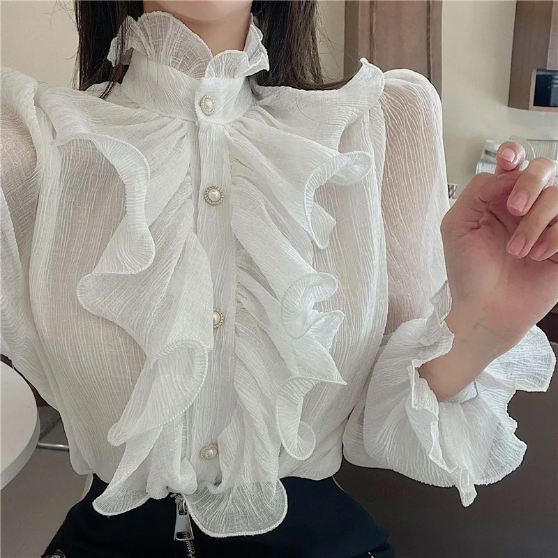 Casual Long Puff Sleeve Loose Tops Vintage Ruffle Lace Blouse Women Elegant Stand Collar Button White Chiffon Shirt Blusas 12946