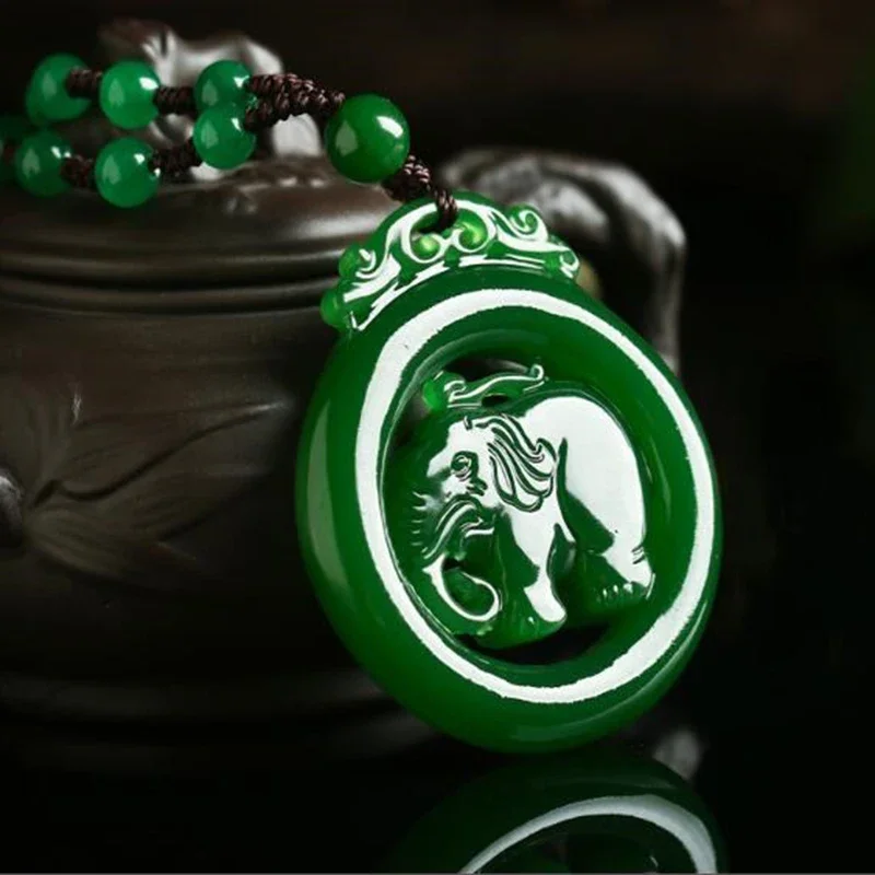 

Natural Chinese Green Jade Elephant Pendant Necklace Double-sided Hollow Carved Charm Jewelry Fashion Amulet Gifts for Women Men