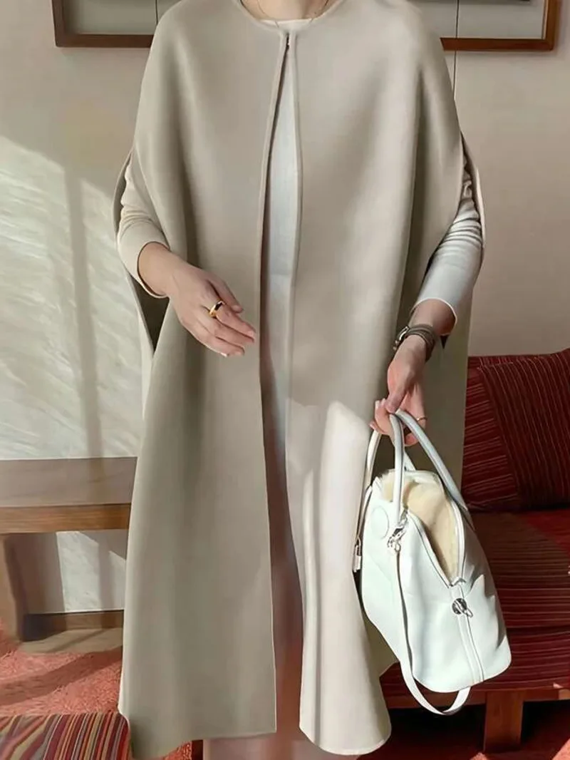 Spring Winter 2025 Woolen Women Coat Solid Elegant Vintage Thick Korean Batwing Style Fashion Chaqueta Mujer 67TR