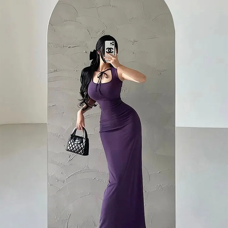 Slimming Pure Desire Hot Girl Style Summer Sleeveless Belted Wrap around Bodycon Dress U Neckline  Color Women's T-shirt