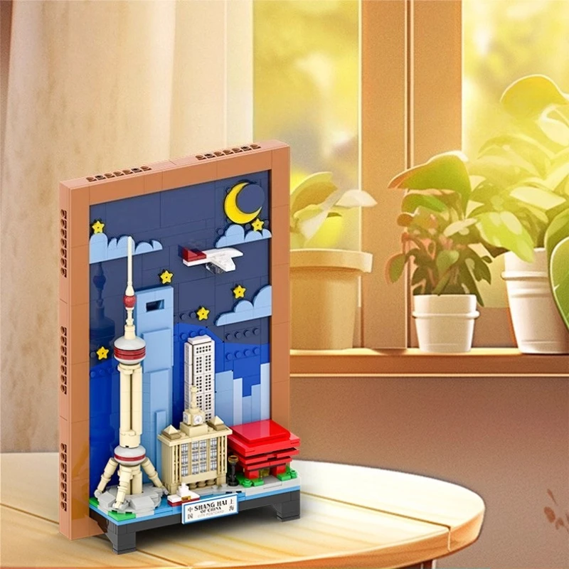 SEMBO 上海市ポストカードビルディングブロック子供向けトレンディプレイ組み立てビルディングデスクトップクリエイティブオーナメントおもちゃギフト