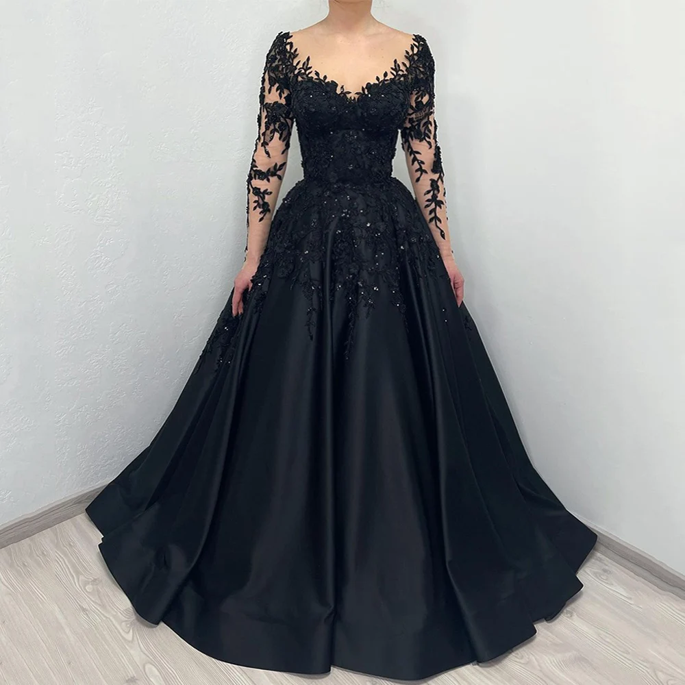 Long Sleeves Scoop Neck Black Wedding Dress Bride Dresses Customized Beading Sequined Applique A Line Satin Gothic Bridal Gown