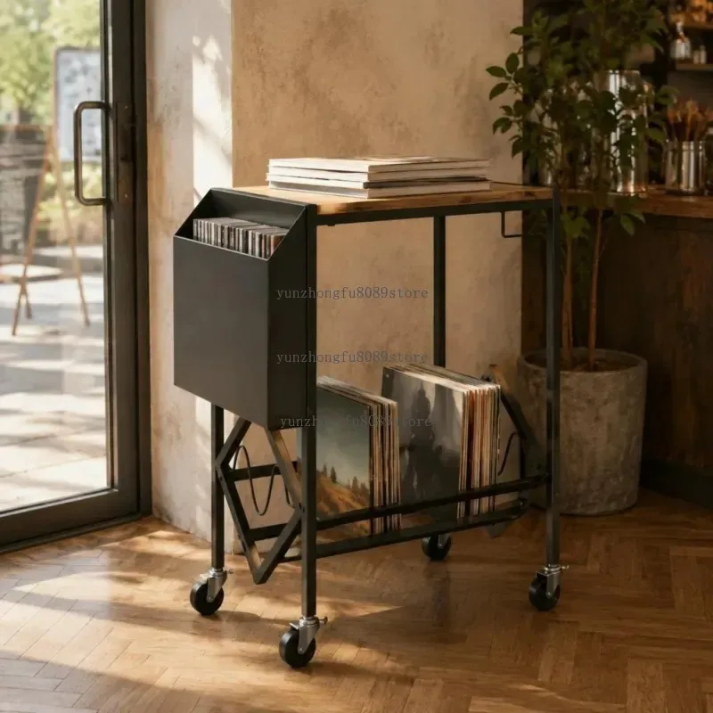 Retro CD Holder Stand, Metal Frame Vinyl Storage Shelf with Side Pocket, Vinyl Album Table for Living Room Music Storage