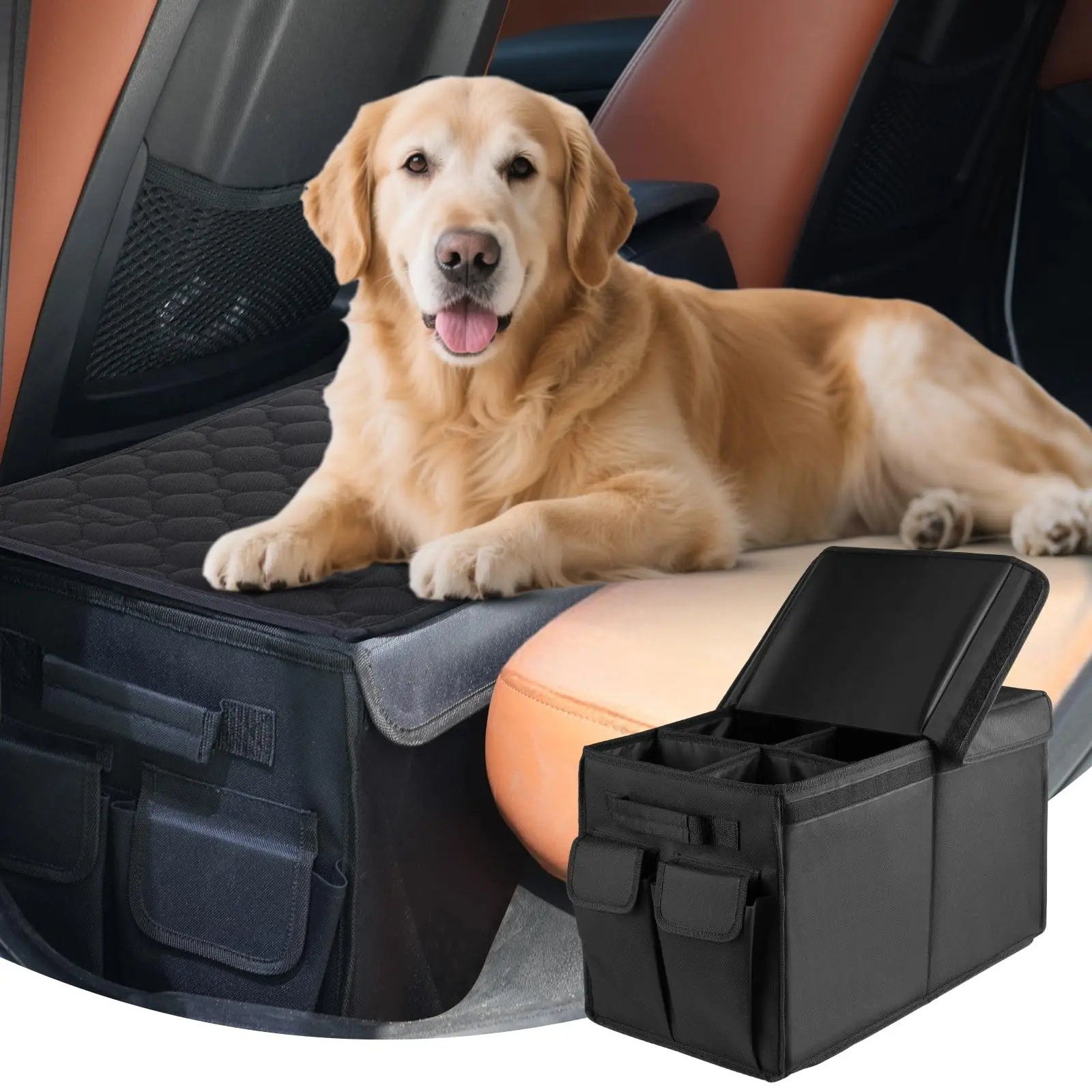 

Dog Car Seat Extender With Quilted Cushion And Multi-Compartment Organizer For Front Or Rear Seat, Supports Dogs Up To 200 Lbs