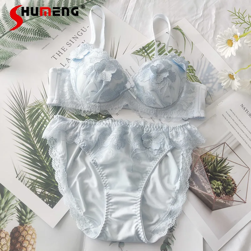 

Japanese Style New Floral Intimates for Women Soft Cup Thin Underwire Bra Set Female Round Cup Small Chest Brief Suits