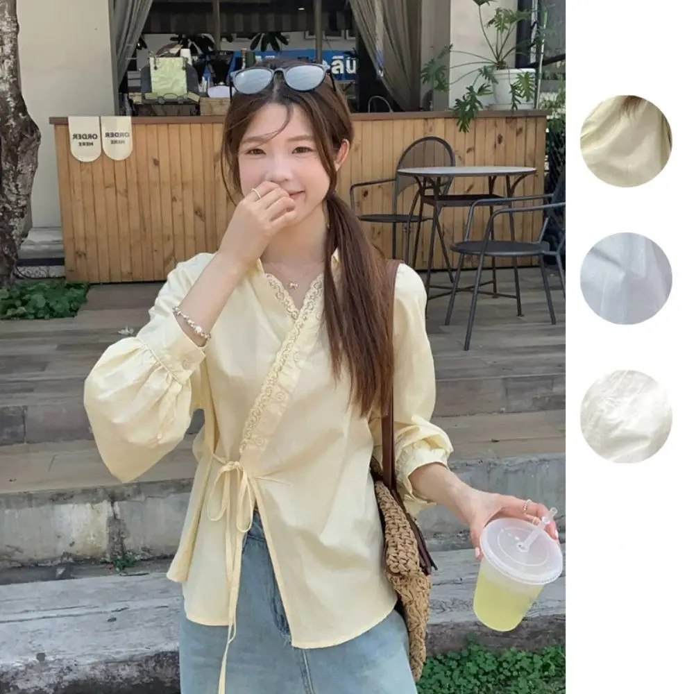 

V-neck Irregular Diagonal Tie T-shirt Patchwork Crop Top Long Sleeve Blouse Retro Lace Chic Basic Tees Shirts Women