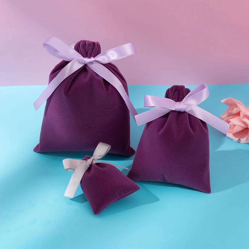 

50pcs Thick Velvet Jewelry Packaging Small Gift Bags with Ribbon 7x9cm 10x12cm Wedding Favors For Guests Candy Goodie Pouch