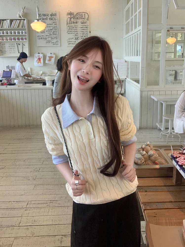 Dolce maglione con giunture a righe a pois da donna autunno inverno morbido grassoccio lungo colletto Sve maglieria mattutini campana Ev...