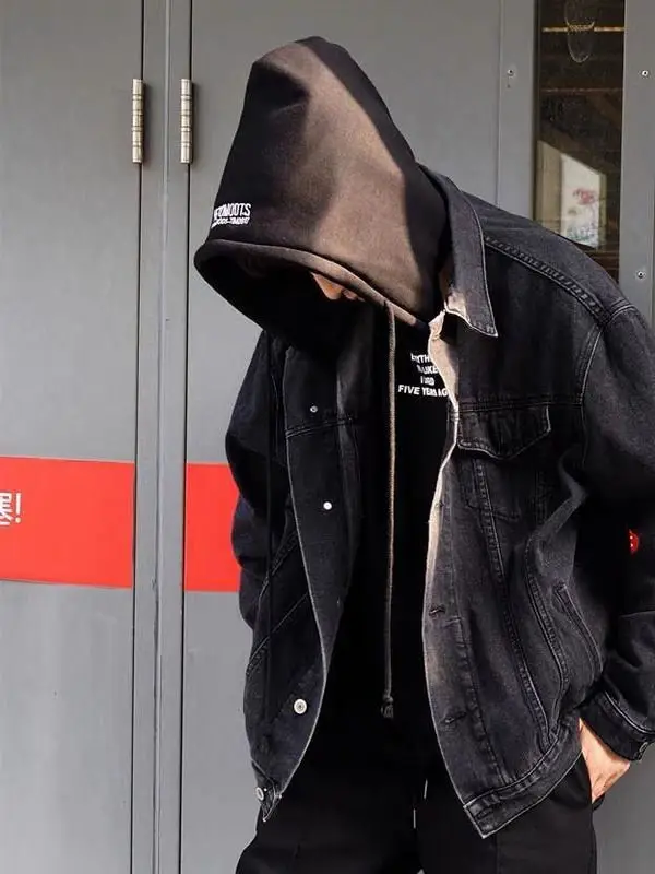 سترة فضفاضة بقلنسوة من قماش الدنيم للرجال لربيع وخريف جديد Sle ماركة يابانية عصرية ملابس عمل غير رسمية Haome Jaet #4