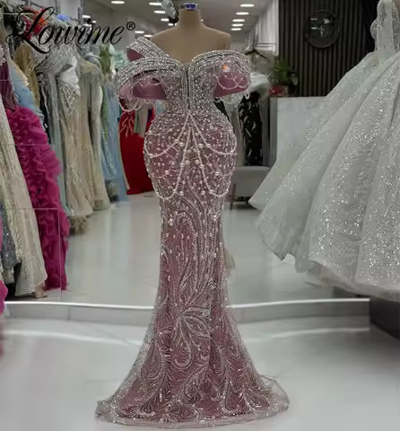 Amazing Pearl Tassel Crystal Evening Dresses Pink Mermaid Prom Dress 2025 Customized Off The Shoulder Arabic Wedding Party Dress