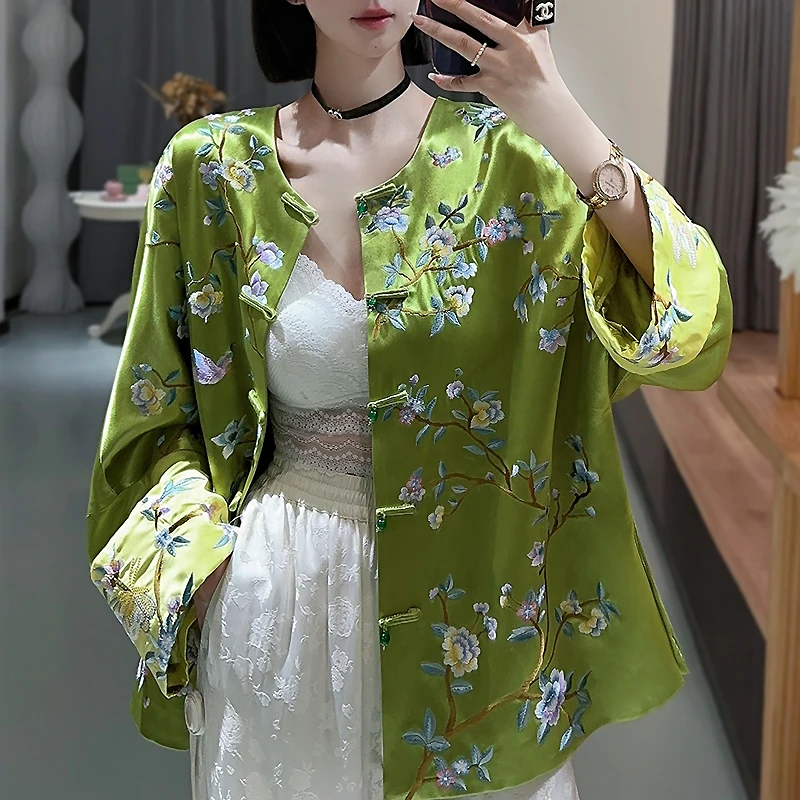 High-end Satin Acetate Women Jacket Top Embroidery Painting of Flowers and Birds Tang Suit Elegant Lady Loose Coat Female S-XXL