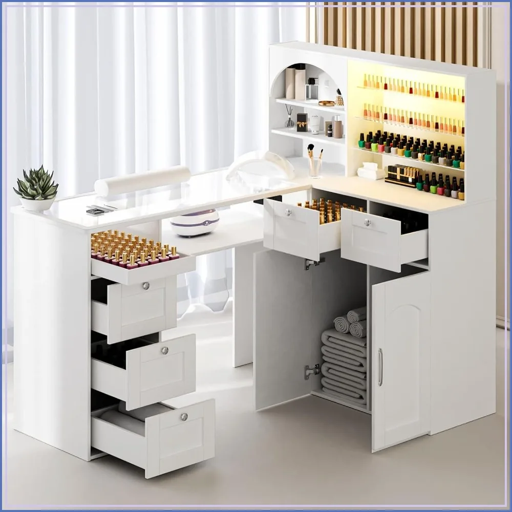 L-Shaped Glass Top Manicure Table with LED Display Shelf, USB Ports, Cabinet & Drawer, White