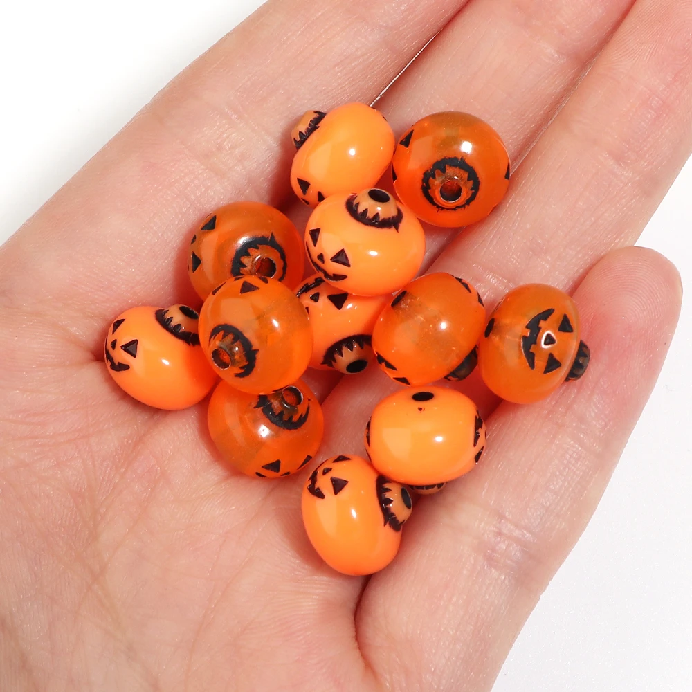 50-100Pcs 12mm Halloween Devil Pumpkin Beads Acrylic Printed Beads For DIY Keychain Bracelets Phone Chain Pen Beads Accessories