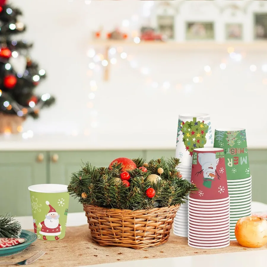 Disposable Paper Cups 9oz 100 Pack Set with Cartoon Santa Claus and Snowman Design Thickened Paper Material for Hot and Cold Be