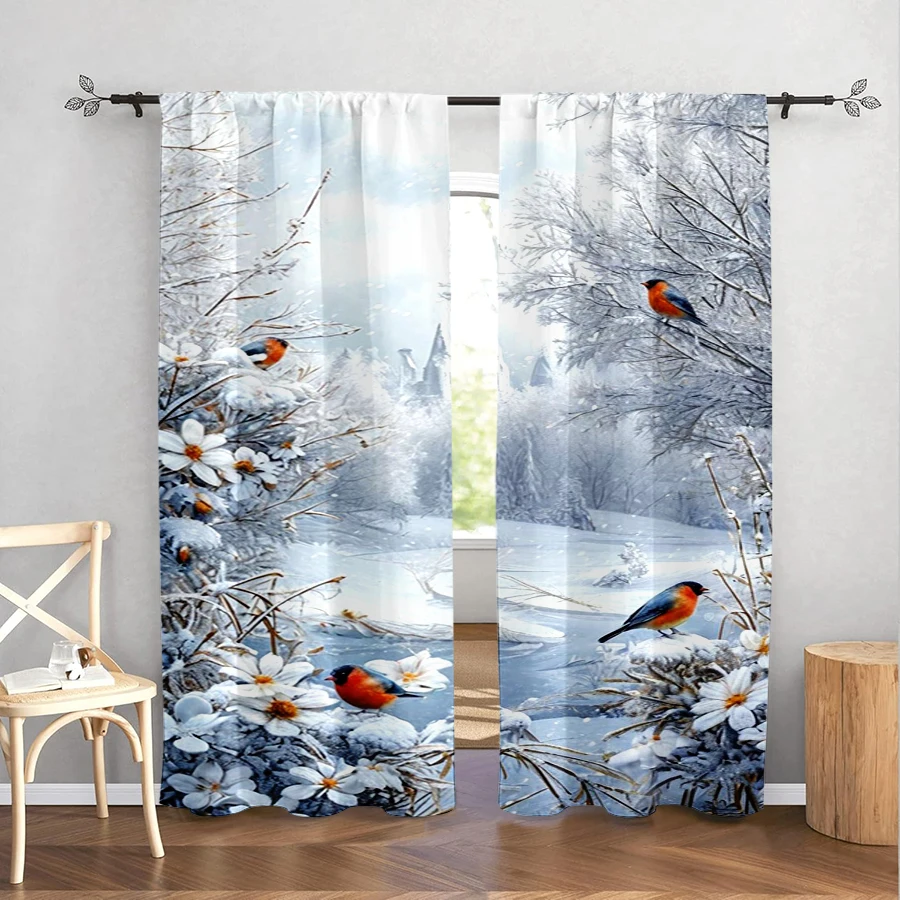 2PCS Winter Bird Curtains, Snowy Forest Red Robin Flower Scene, Realistic Nature Christmas Window Drapes for Bedroom Living Room