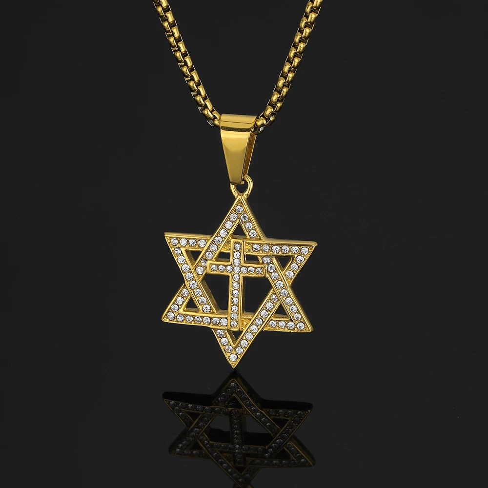 Religious Hexagram Cross Iced Out Shiny Pendant Women Gold Color Stainless Steel Star of David Necklace for Men Jewish Jewelry