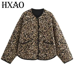 HXAO Parkas Leopard Winter Coats Woman Vintage Animal Print Quilted Jacket Women Autumn Long Sleeve Padded Jacket Short Coats