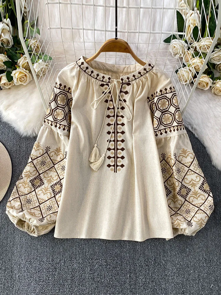 

Women Autumn Spring Blouse Vintage Bohemian Embroidered Lace-up O-Neck Lantern Sleeve Shirt Loose Top Female Blusa BL342