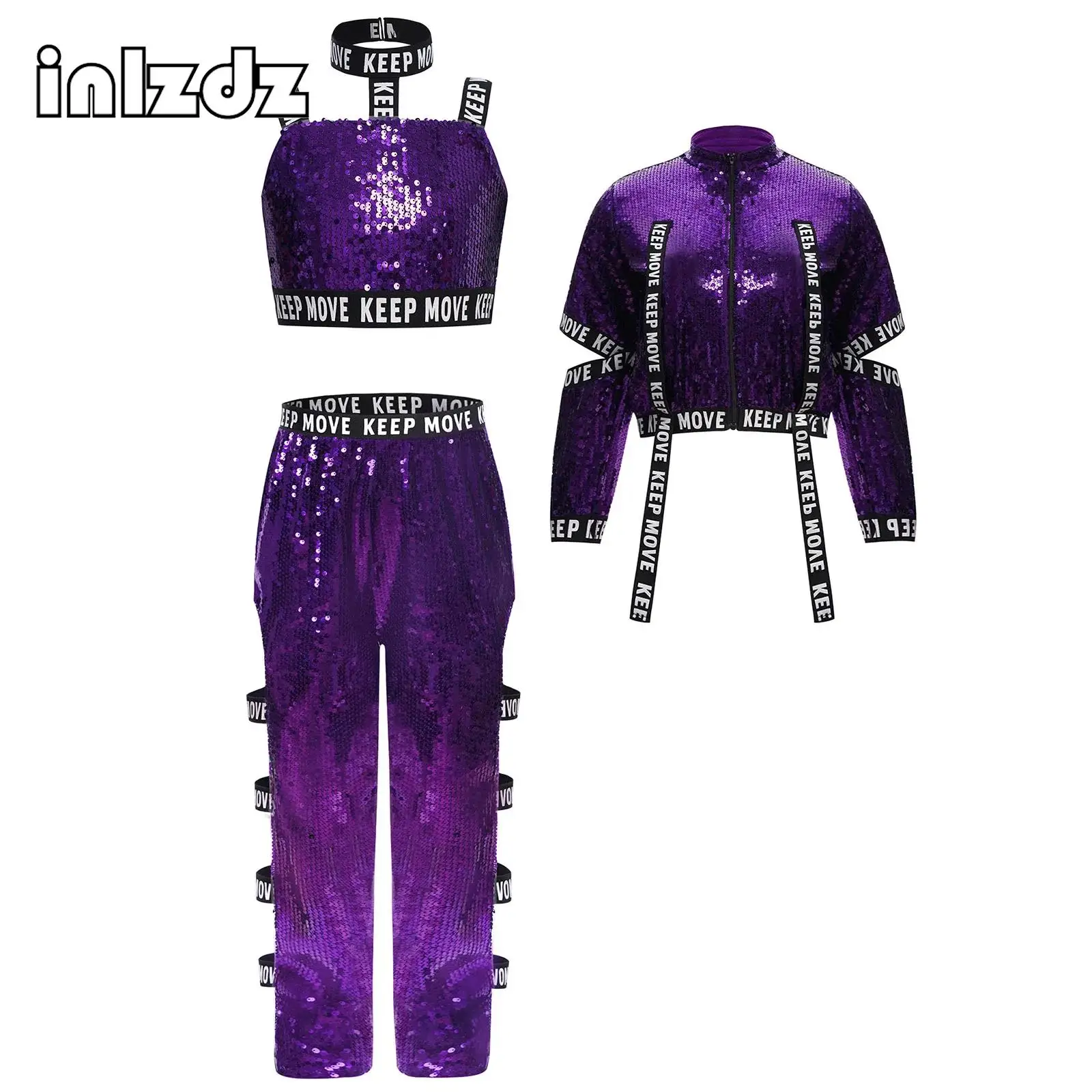 

Girls 3Pcs Hip-Hop Jazz Dance Outfit School Show Performance Set Glittery Sequin Vest with Long Sleeves Jacket And Cutout Pants