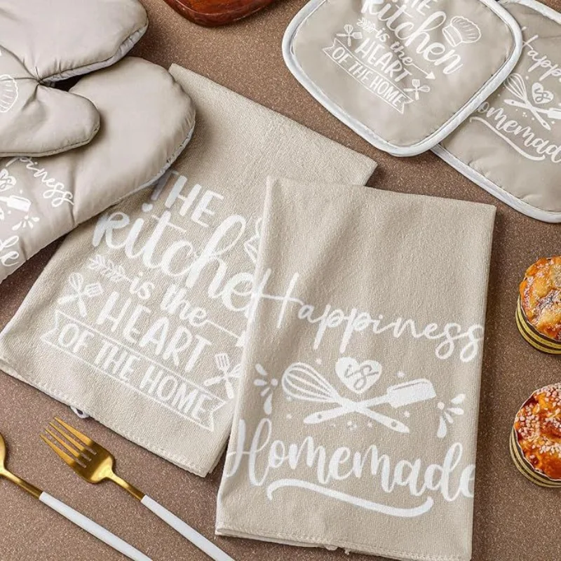 قفازات مقاومة للحرارة للفرن، مفارش مقاومة للحرارة، مناشف مطبخ سميكة ماصة، مجموعة خبز المطبخ مكونة من 6 قطع