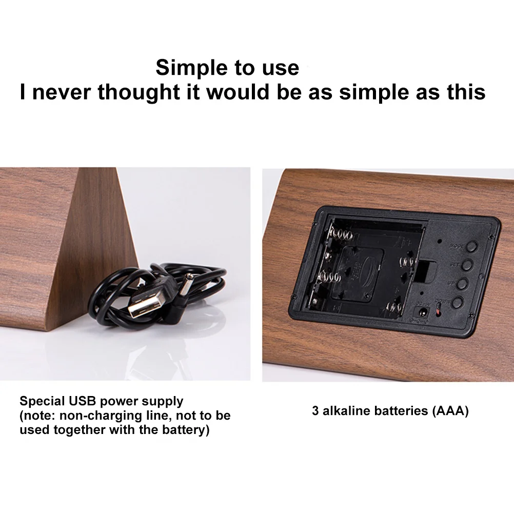 

Led Desk Wood Digital Alarm Clock Luminous Silent Temperature Time Display Adjustable Brightness Brown Wooden Frame White Screen