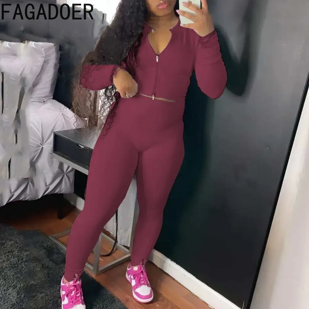 FAGADOER Otoño Invierno mujeres trajes costilla cremallera manga larga Crop Top y pantalones Legging conjuntos de dos piezas Casual chándales elásticos