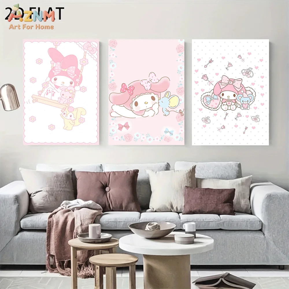 AZNM My Melody Swing Floral Bow Canvas Wall Art, Frameless Sanrio Cute Cartoon Print Poster For Girls Bedroom Home Decor