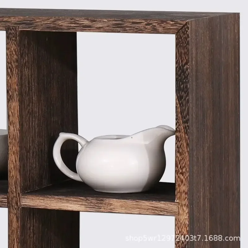 Solid Wood Wall-Mounted Display Shelf Vintage Tea Set Organizer Chinese-Style Curio Cabinet Decorative Hanging Storage Rack