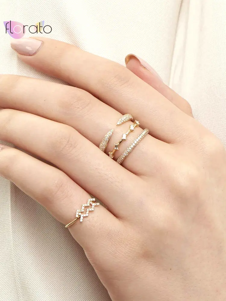 24k Gold Plated Silver Opening Pave Crystal Rings For Women Adjustable Zirconia Minimalist Light Luxury Fine Jewelry Wedding