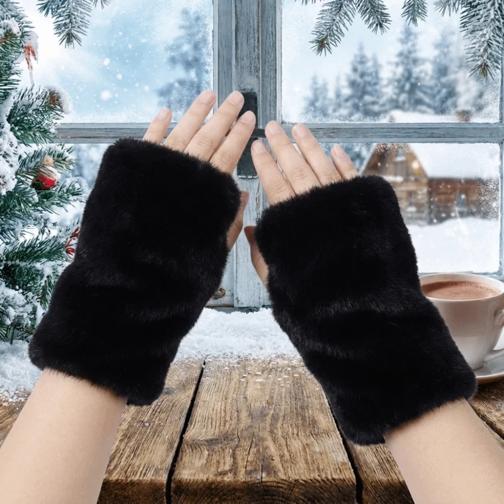 Thickened Fingerless Furry Gloves Elastic Cuff Fleece Lined Faux Fur Hand Warmer Washable Fluffy Texture Half Finger Mittens