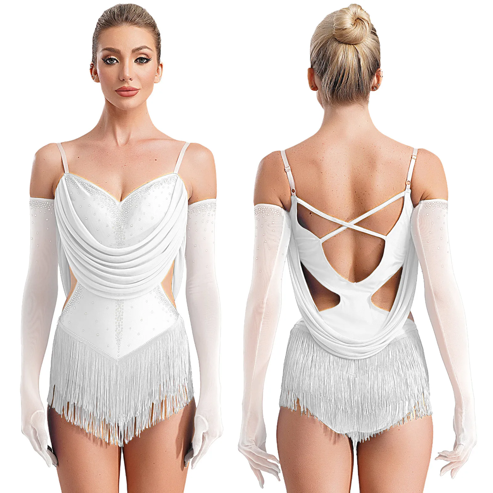 

Temperament Dance Outfits Womens Mesh Drapes Tassel Latin Dance Leotard Glittery Rhinestones Cutout Fringed Bodysuit with Gloves