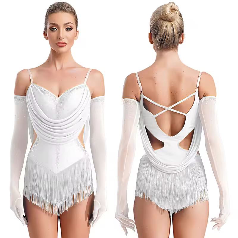 Womens Tassel Latin Dance Leotard Dress Rhinestone Fringed Bodysuit+Gloves Outfits for Tango Cha-Cha Salsa Skating Performance - Image 13