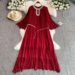 Luxury Elegant Pleated Chiffon Long Dresses Women Crystal Pearls Belt Summer Holiday Lace Flare Sleeve Party Vestidos Midi Robe