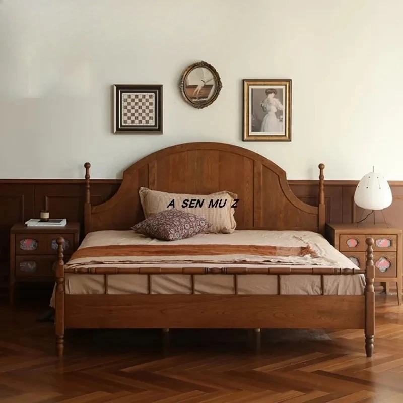 B American country cherry wood retro solid wood bed 1.8 meters large bed  medium antique semi-round high backrest bed