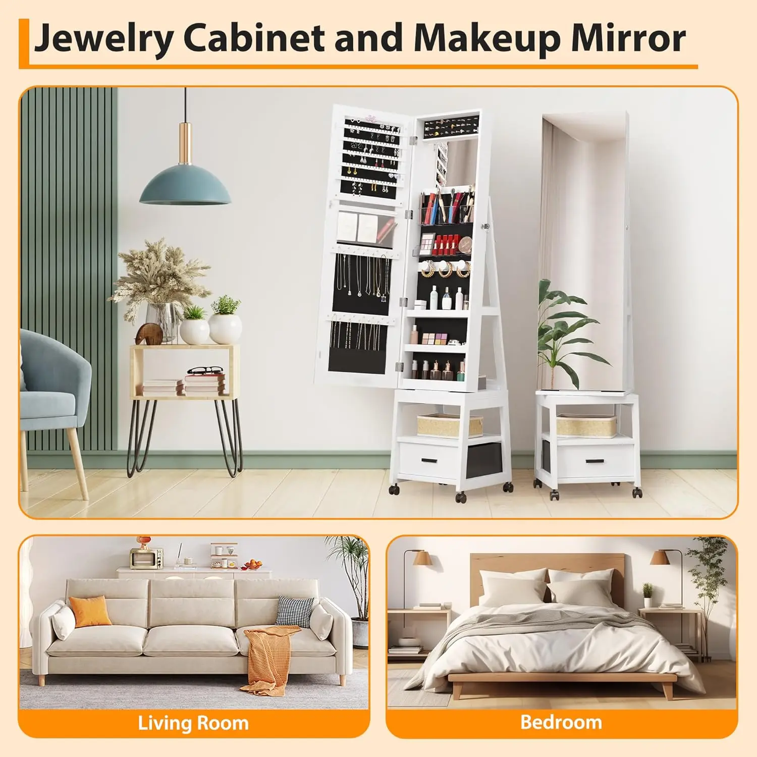 خزانة مجوهرات 4 في 1 مع مرآة وعجلات كاملة الطول، 360 درجة °   الدولاب للمجوهرات الدوارة، جوهرة مكياج قائمة بذاتها بطول 66 بوصة