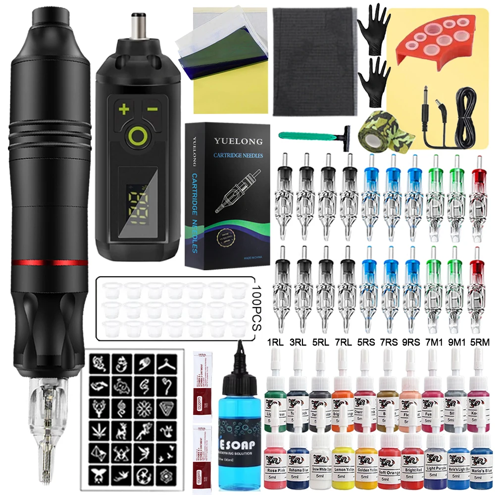 

Complete Wireless Tattoo Pen Machine Kit Rotary Tattoo Pen With Power Supply Cartridge Needles Set Permanent Makeup Tattoo Kit