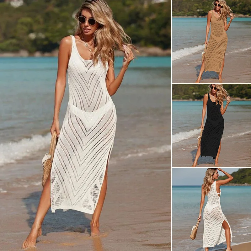 Woman Beach Dress Bikini Cover Up Summer Beach Wear Knitted Sleeveless Swimsuit Women Cover Ups Swimwear Women Crochet Dress