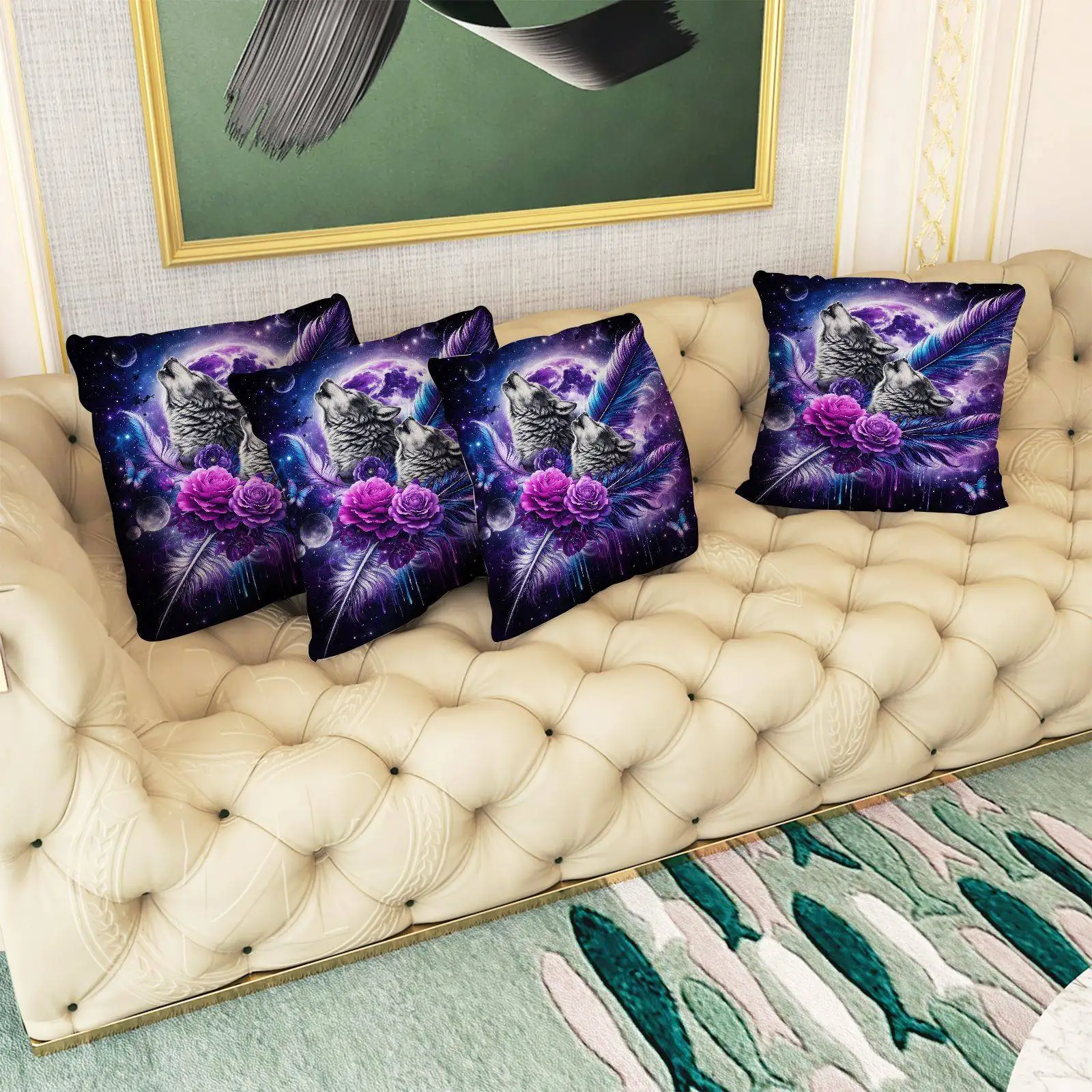 4 fundas  almohada  lobo galaxia, funda  almohada  tema bohemio, funda  almohada  lobo galaxia pluma luna flor, fund