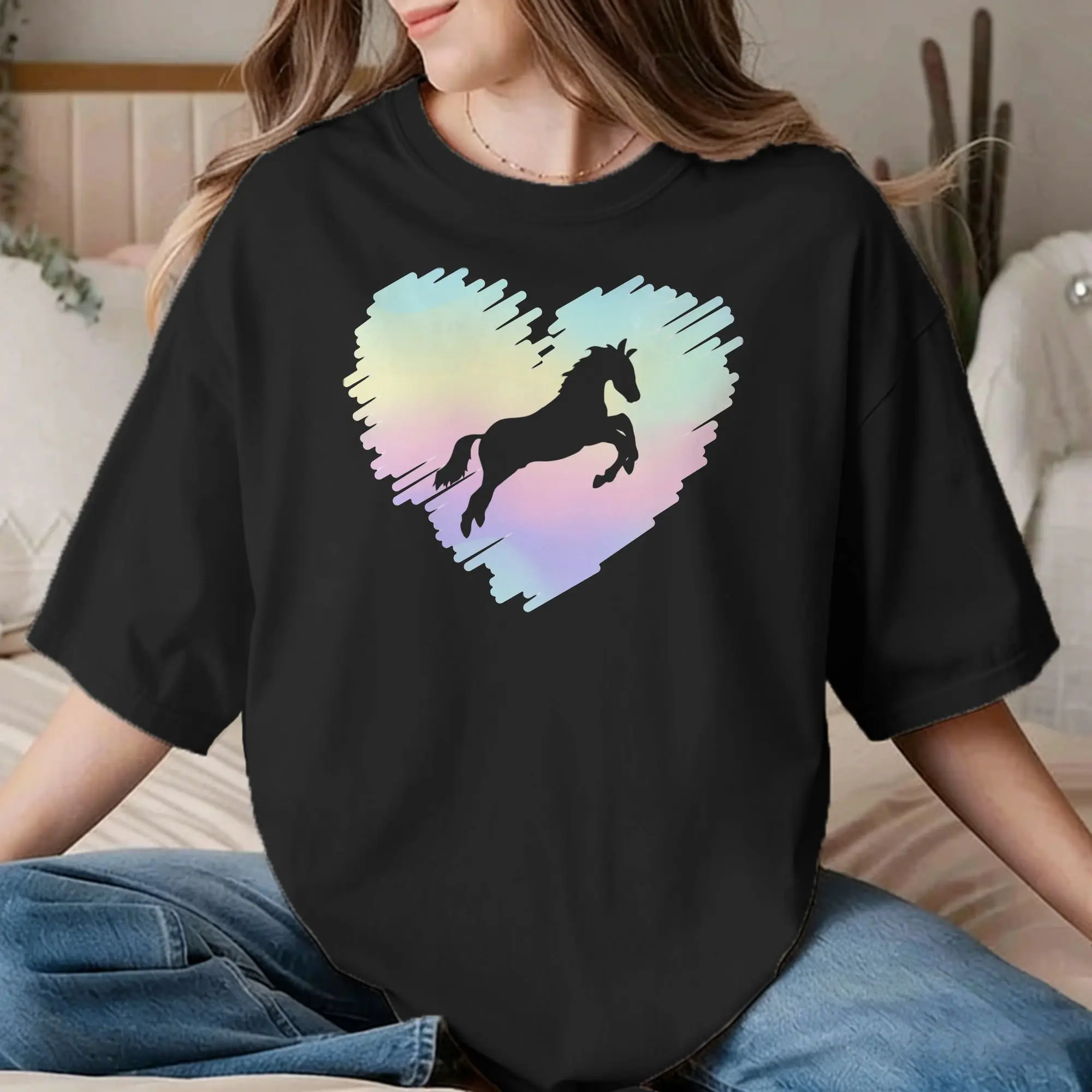Camisetas Crazy Horse Lover Rainbow Heart para homens e mulheres, gola redonda, 100% algodão, camisetas plus size, roupas