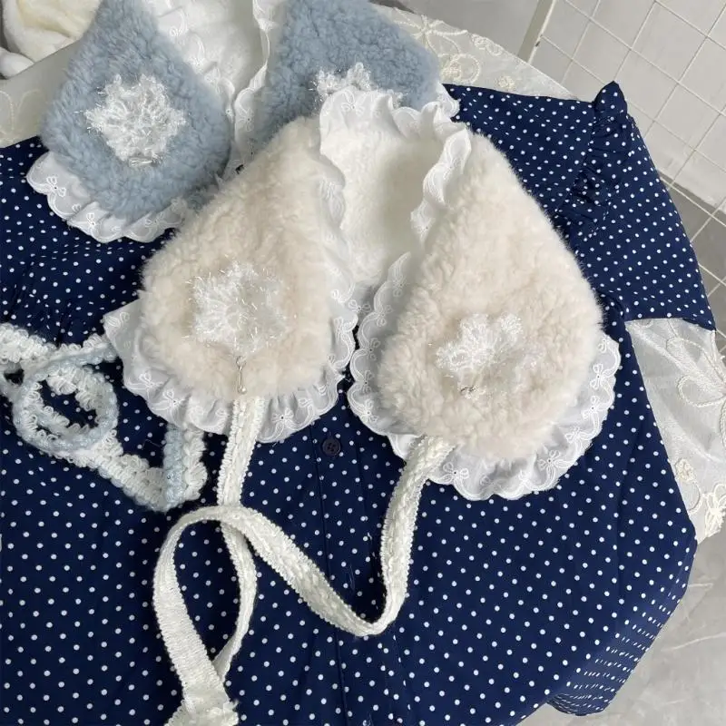 Y3NE وشاح من الصوف الصناعي مزين بالدانتيل وشاح للرأس للنساء قابل للتعديل لتدفئة الرقبة في الشتاء وخفيف الوزن للخريف والشتاء #6