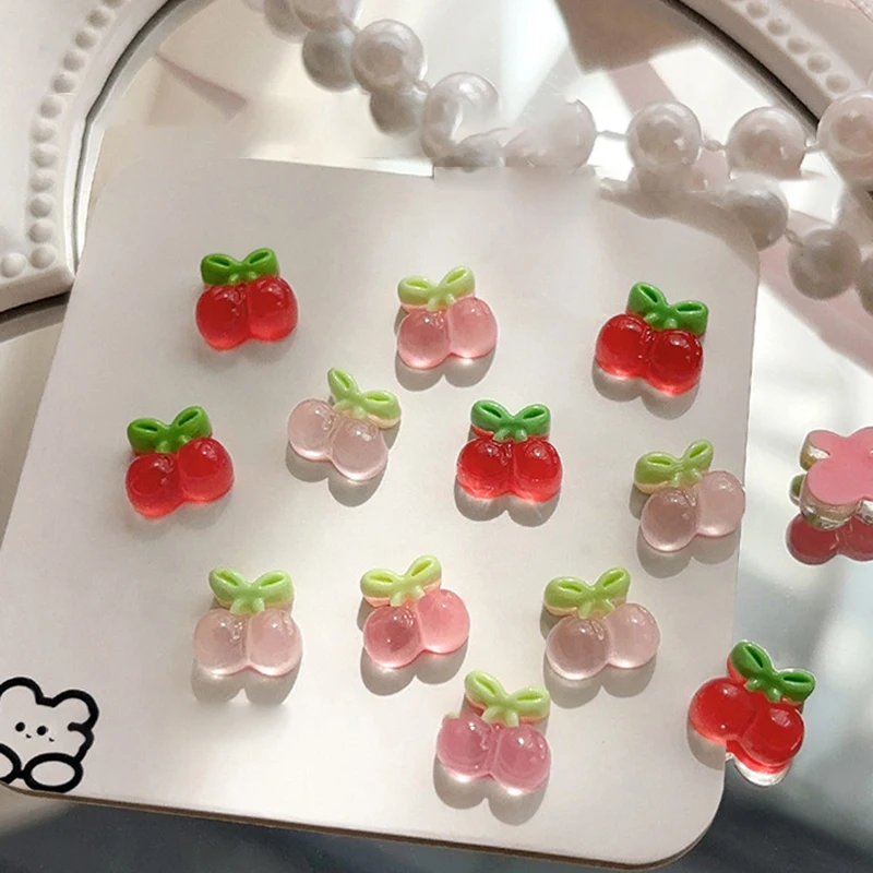 10 Uds. De Mini figuritas de resina con forma de cereza y fresa para decoración de uñas, figuritas de piedra con parte posterior plana para álbum de recortes, manualidades de decoración de joyería DIY
