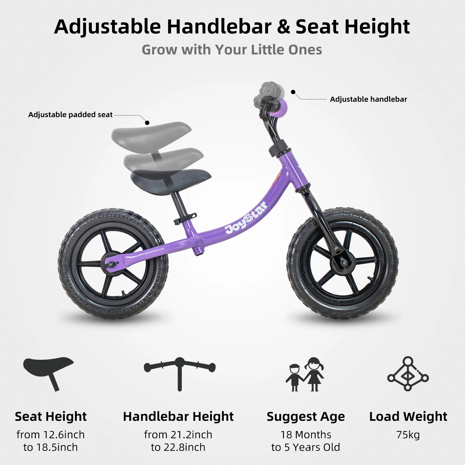 JOYSTAR 12 Inch Balance Bike for 2-5 Years Old Boys and Girls, Lightweight Push Bike with Adjustable Handlebar,Seat, Purple