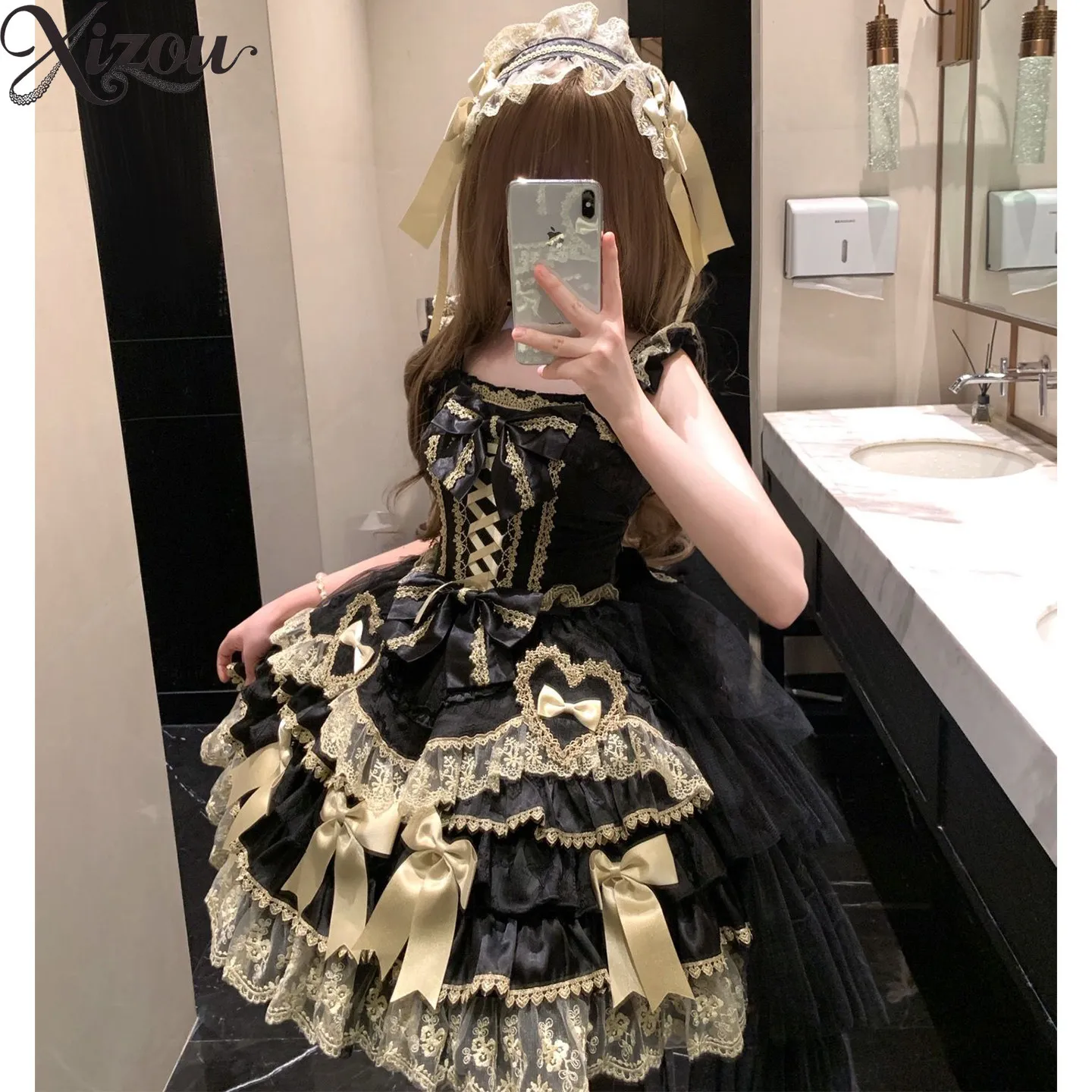 Women Gothic Lolita JSK Dress Train Lace Bow Corset Waist Tiered Ruffle Heart Headband Elegant Doll Sweet Princess Cosplay Set